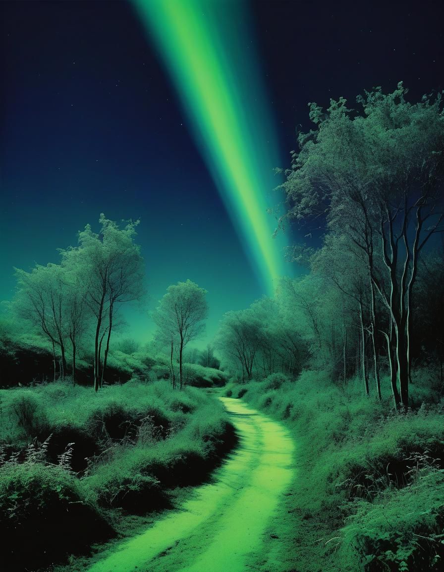 Ethereal Landscape in Light Green and Navy Blue