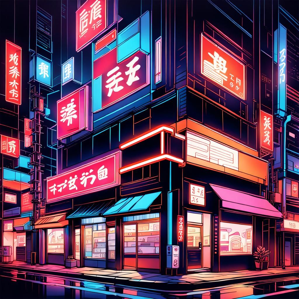 Japanese Storefront with Neon and Manga Style
