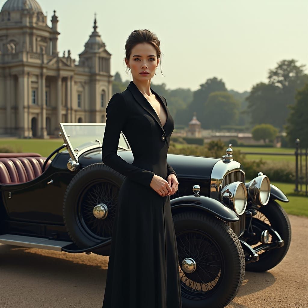 British Actress with Vintage Car in Photorealistic Style