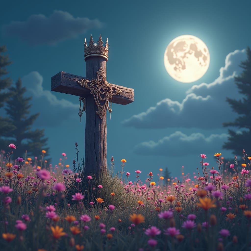Majestic Cross in Field of Flowers, Matte Painting