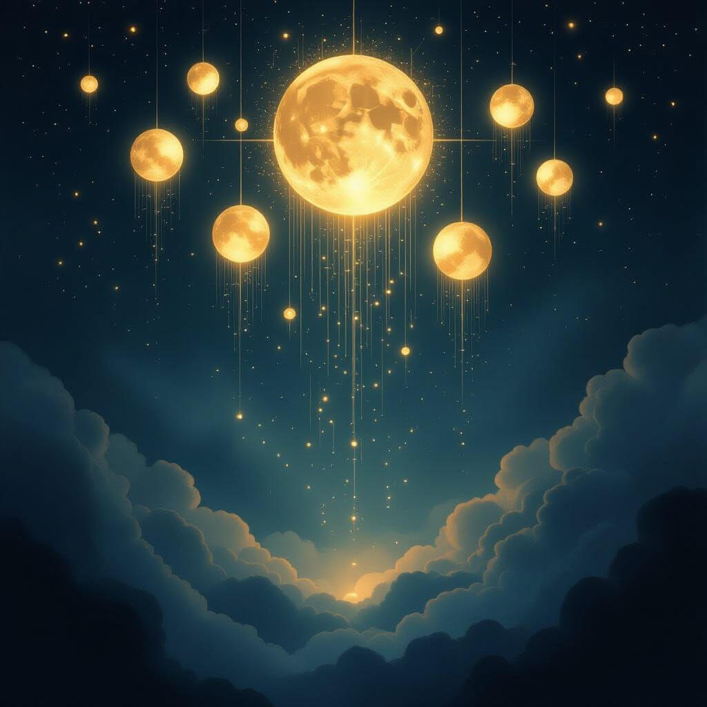 Celestial Spheres Descend Pearly Rain in Ethereal Darkness