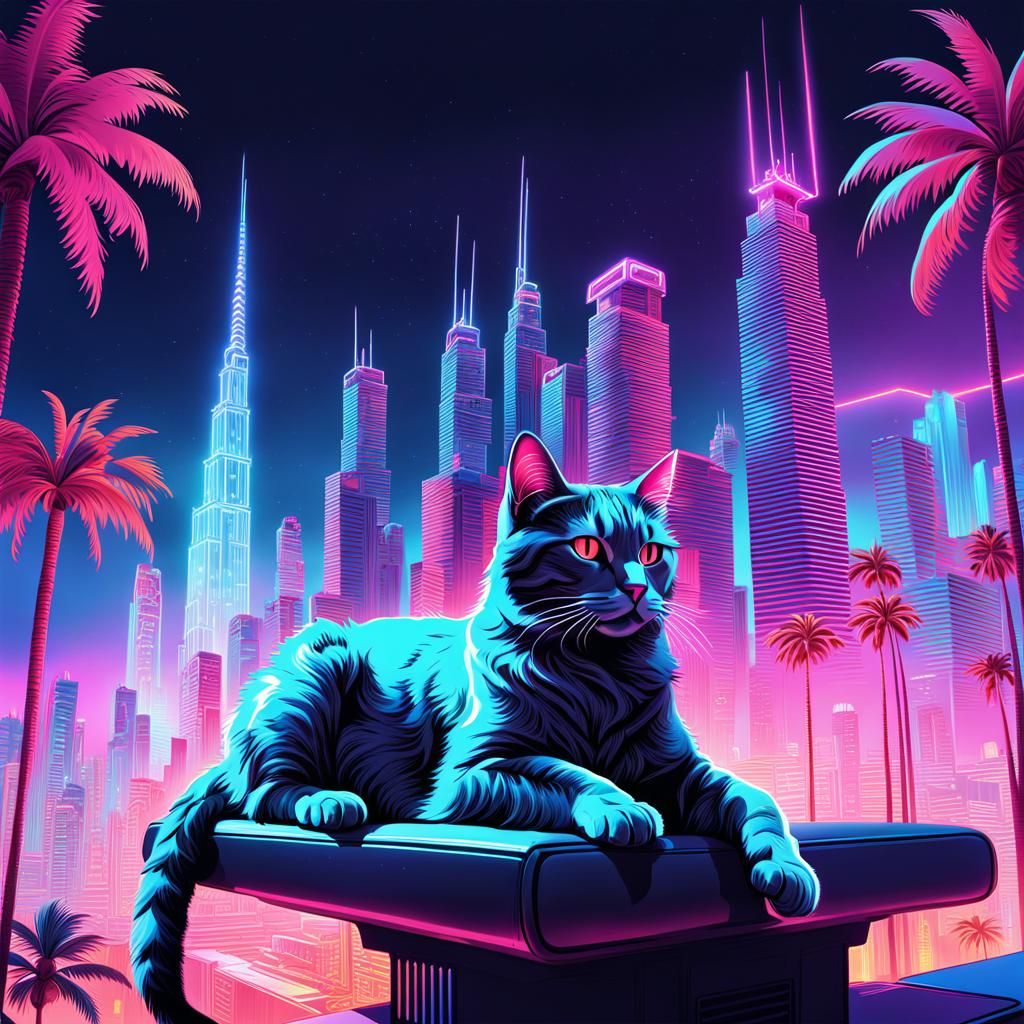 Surreal Cyberpunk Cat Conquers Glitched Cityscape