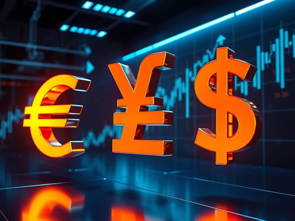 Sleek Global Currency Icons Unite in Neon Web of Financial C...