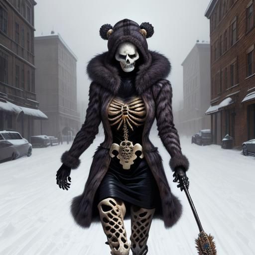 Skeleton Girl in Fur Coat: Comic Book Art