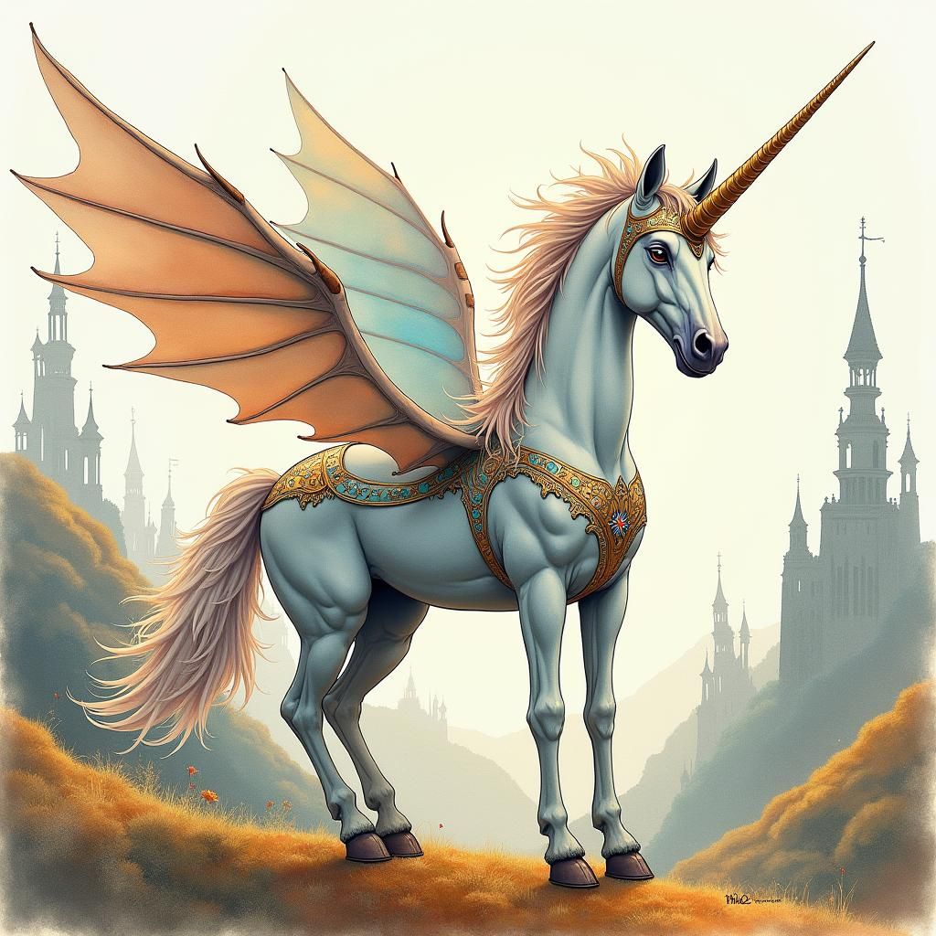 Warrior Unicorn and Dragons in Dreamy Landscape