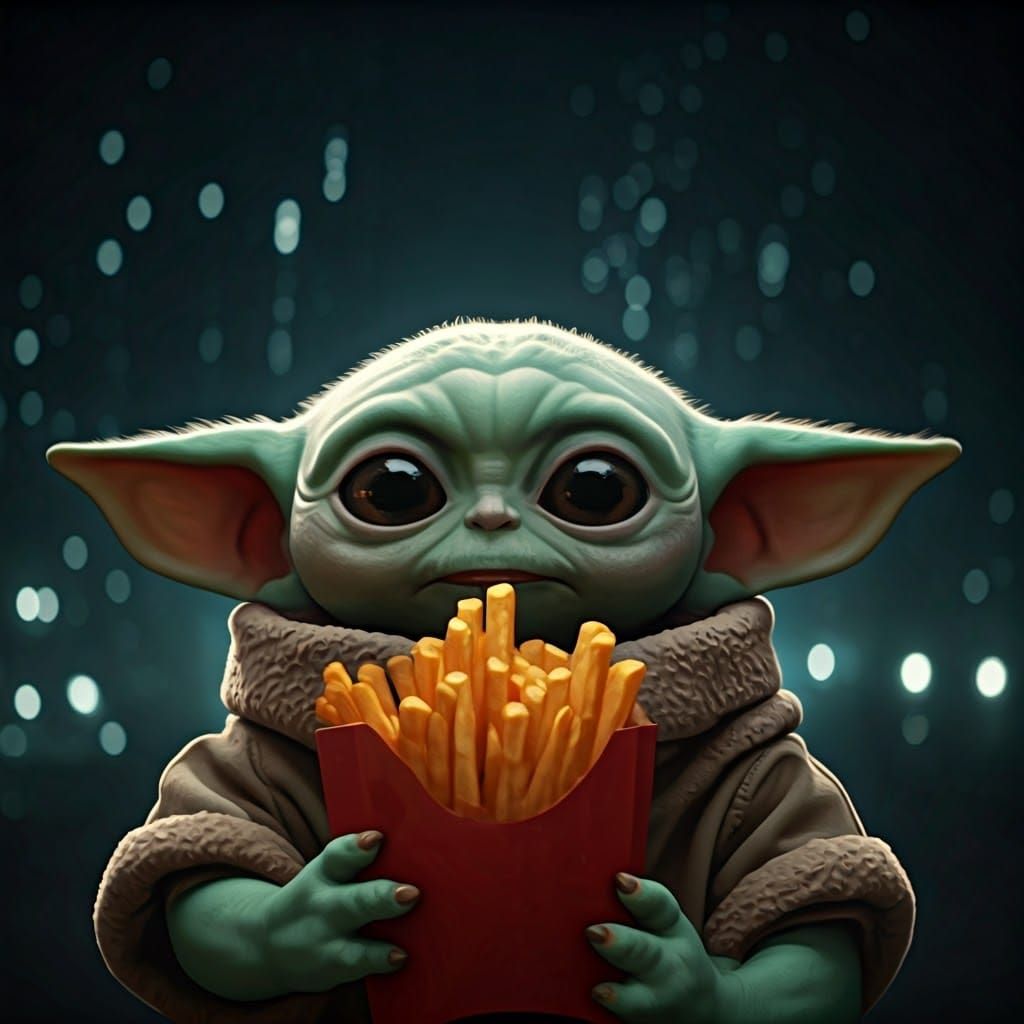 Grogu Savoring Fries in a Cityscape Glow