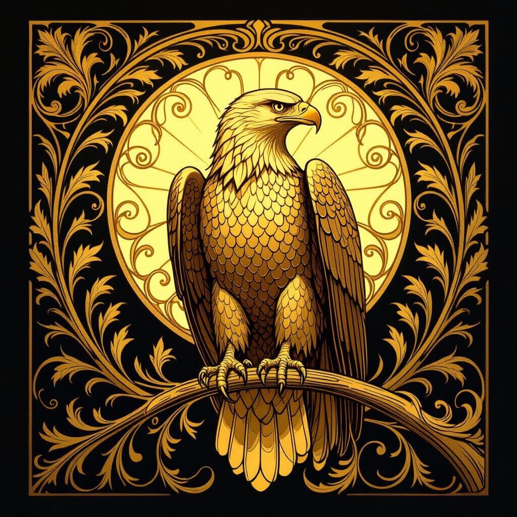 Gold Eagle in Art Nouveau Style with Botanical Motifs