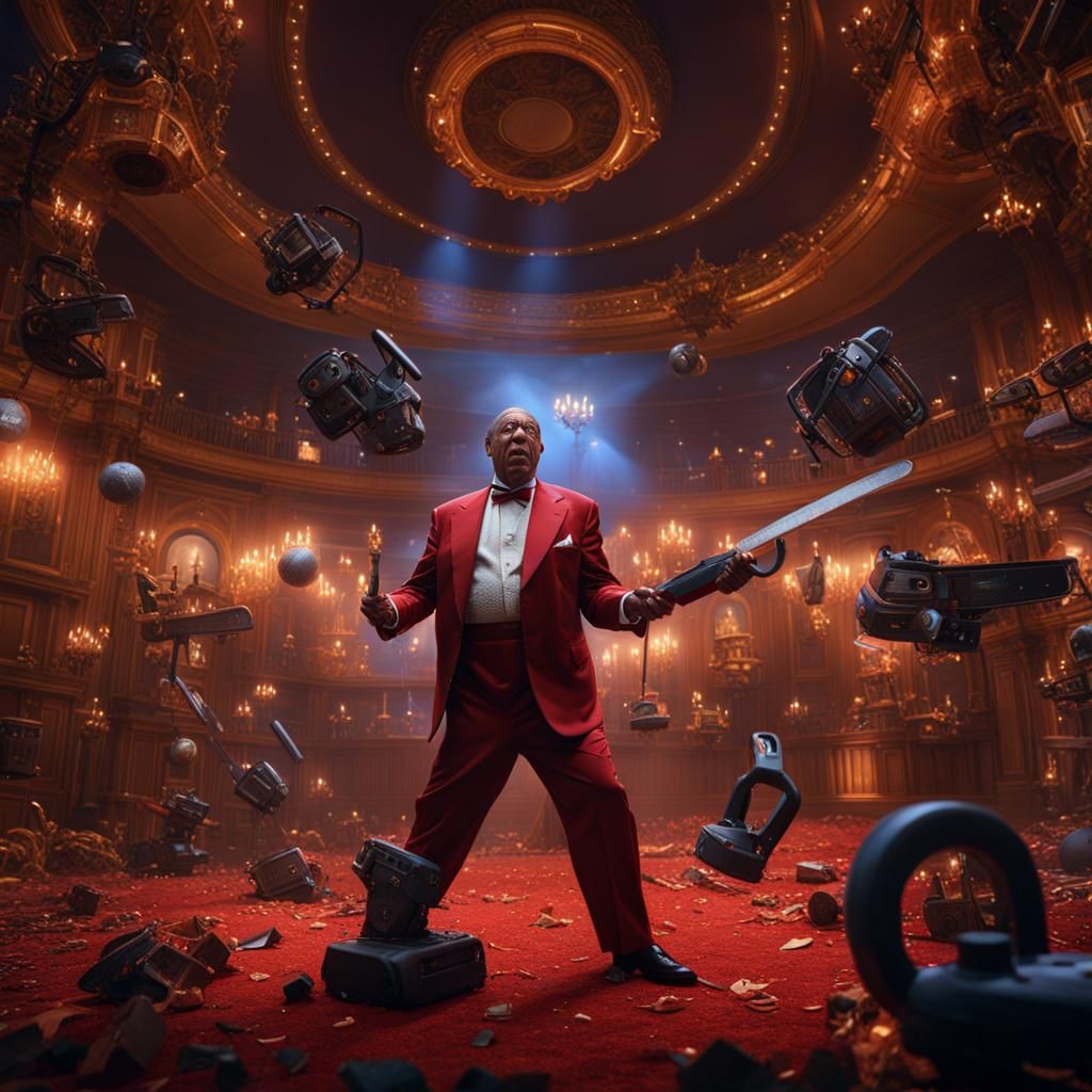 Bill Cosby Juggling Chainsaws: Detailed Matte Painting