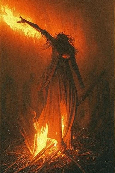 Sinister Witch Burning in Hyperrealism Style