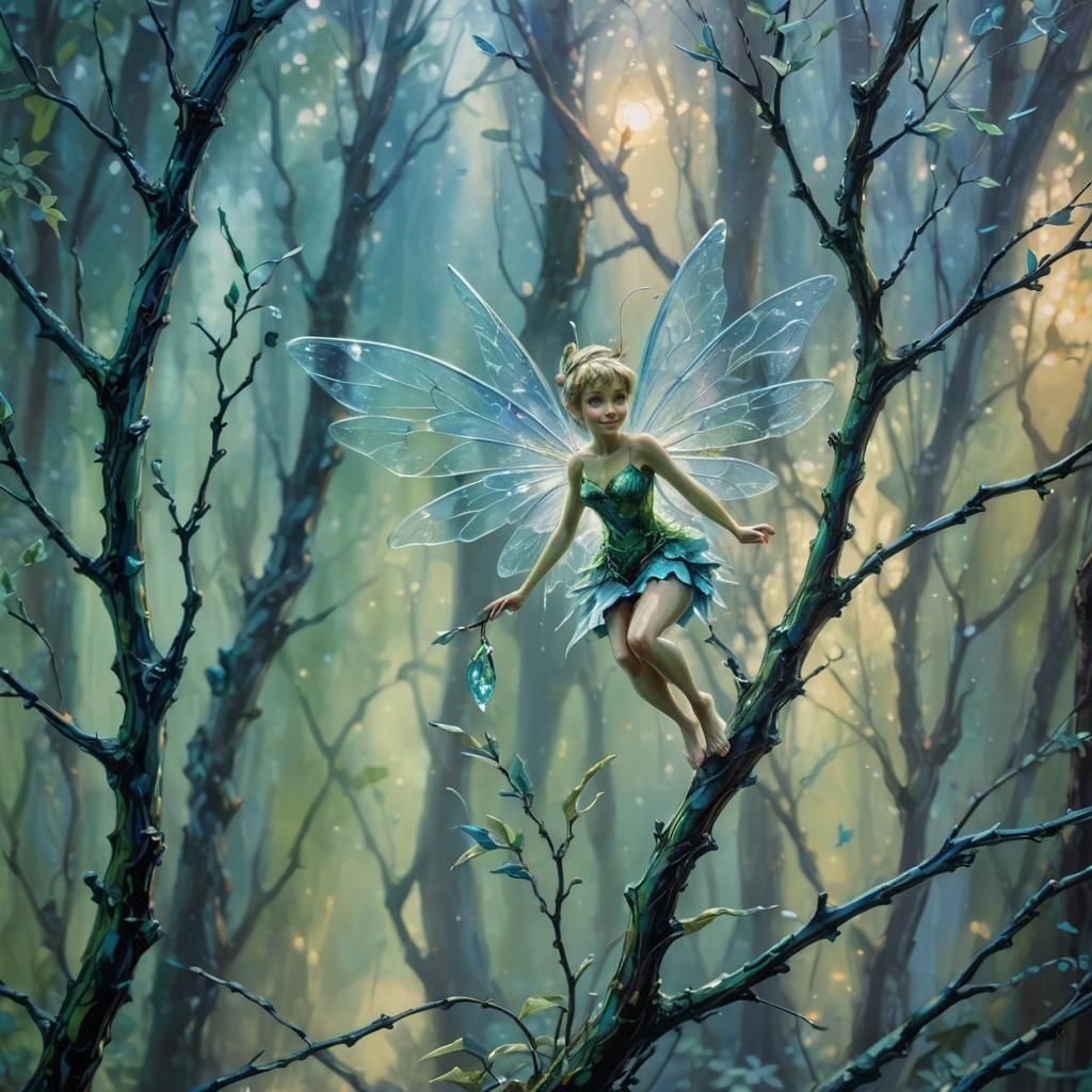 Hyper realistic tiny fairy tinkerbell, on a branch, iridesce...