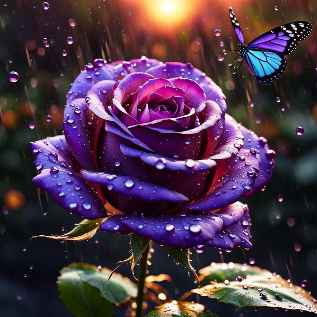 Chrome Metal Purple Rose With dew drops dripping off of it