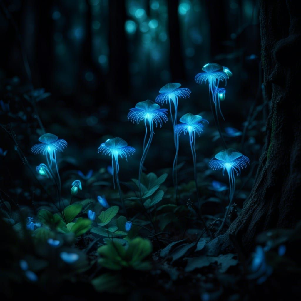 Bioluminescent Fairy Flowers in Dark Fae Woods