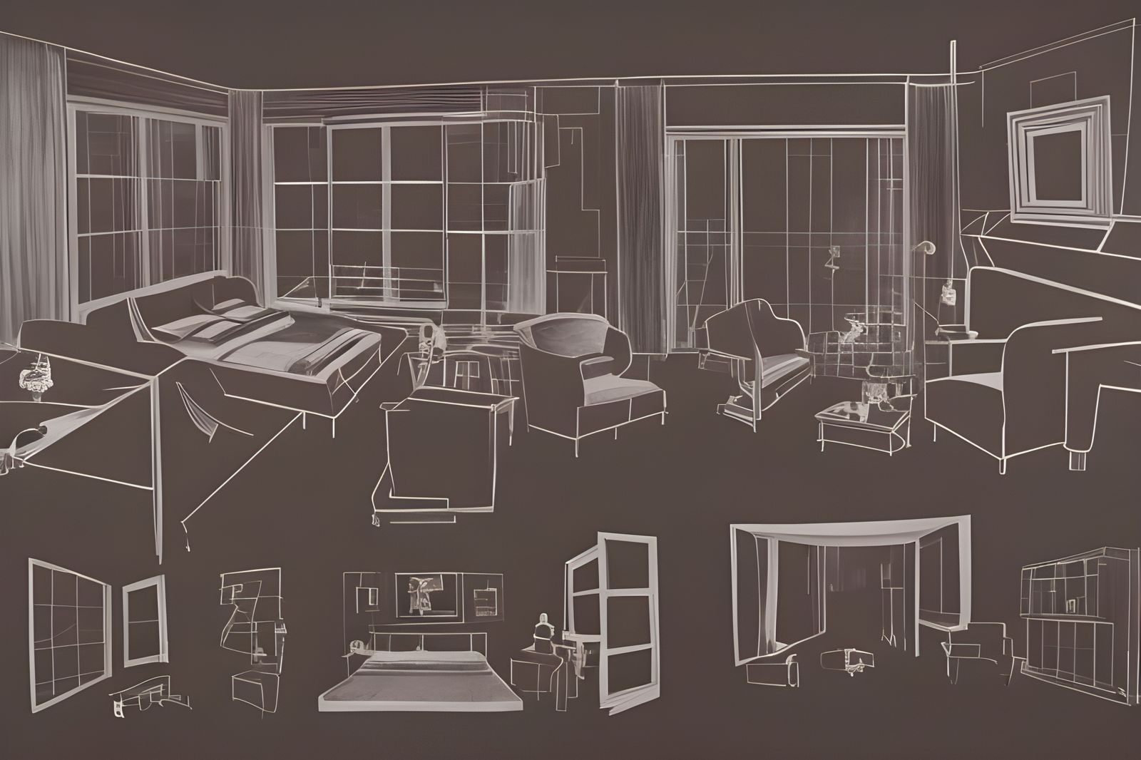 Modern Apartment Interior Pencil Sketch in Asemic Style