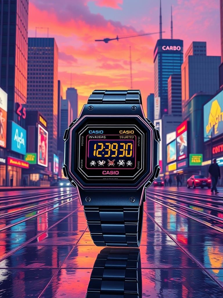 Retro-Futuristic Space Invaders Watch, 1980s Cityscape in Ne...