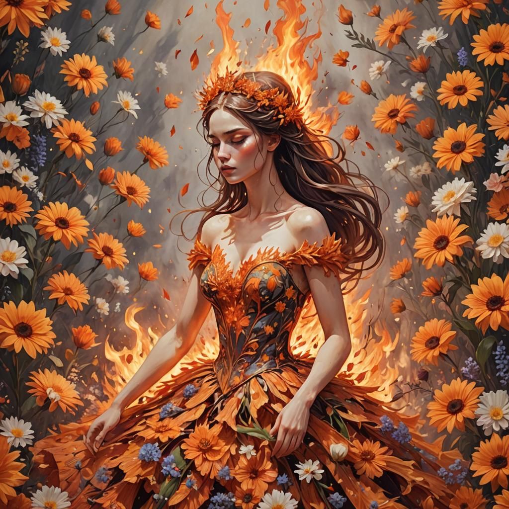 The most stunning  girl, that is on fire, surrounded and ove...