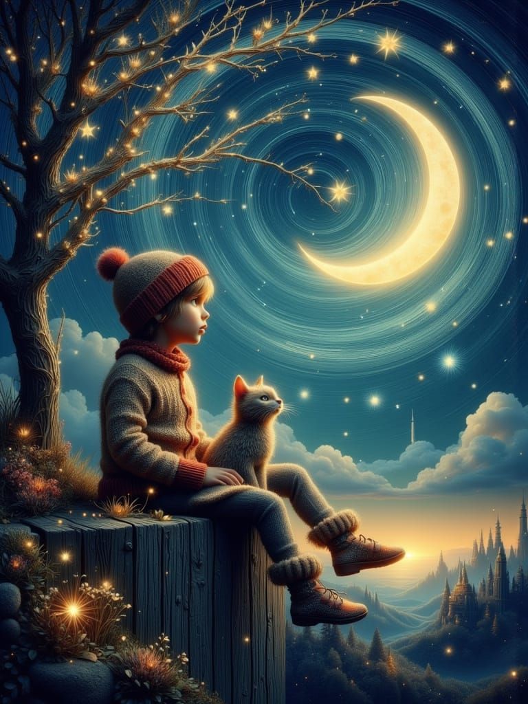 Child and Cat Gaze at Moon in Art Nouveau Style
