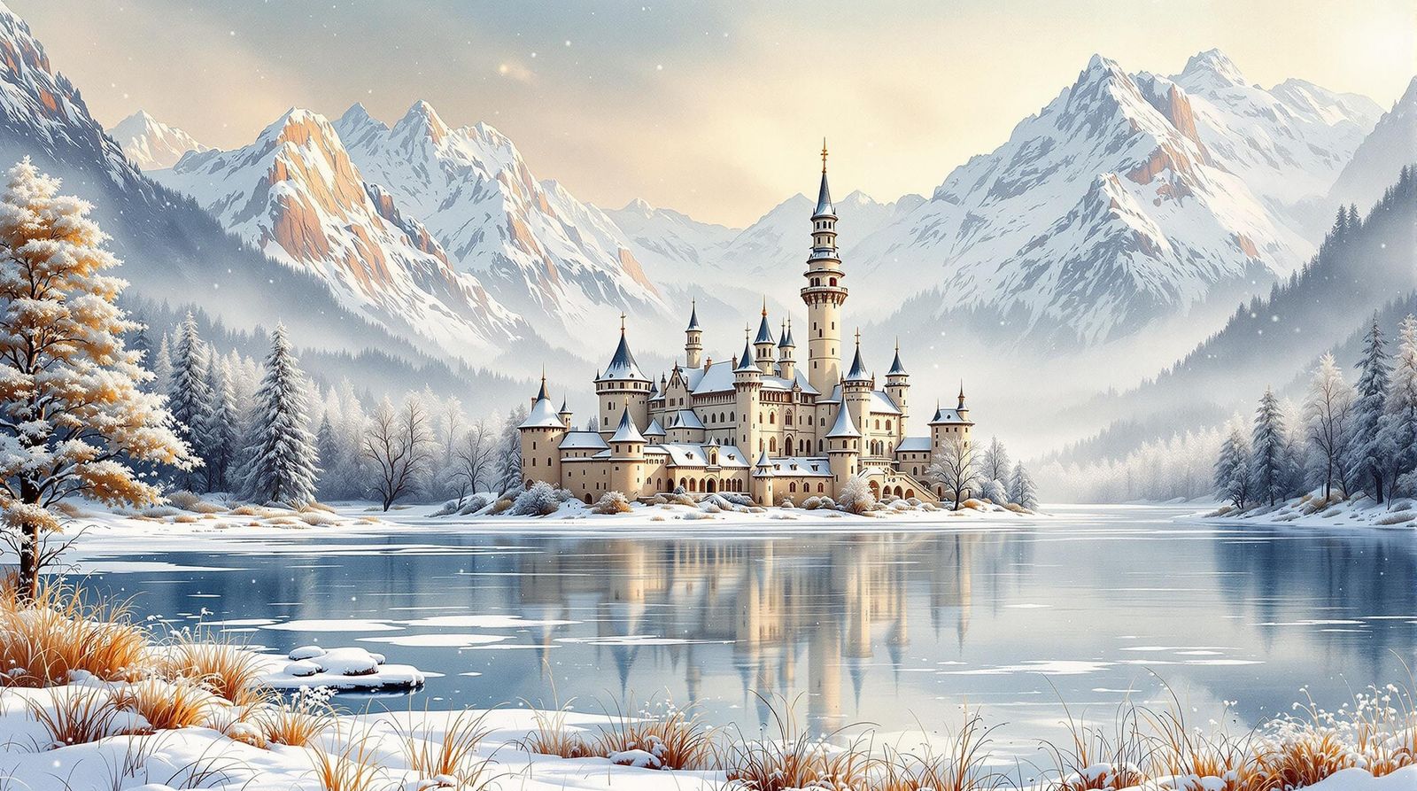 A large castle on a tranquil frozen river, surrounded by snow-capped mountains and frozen trees.