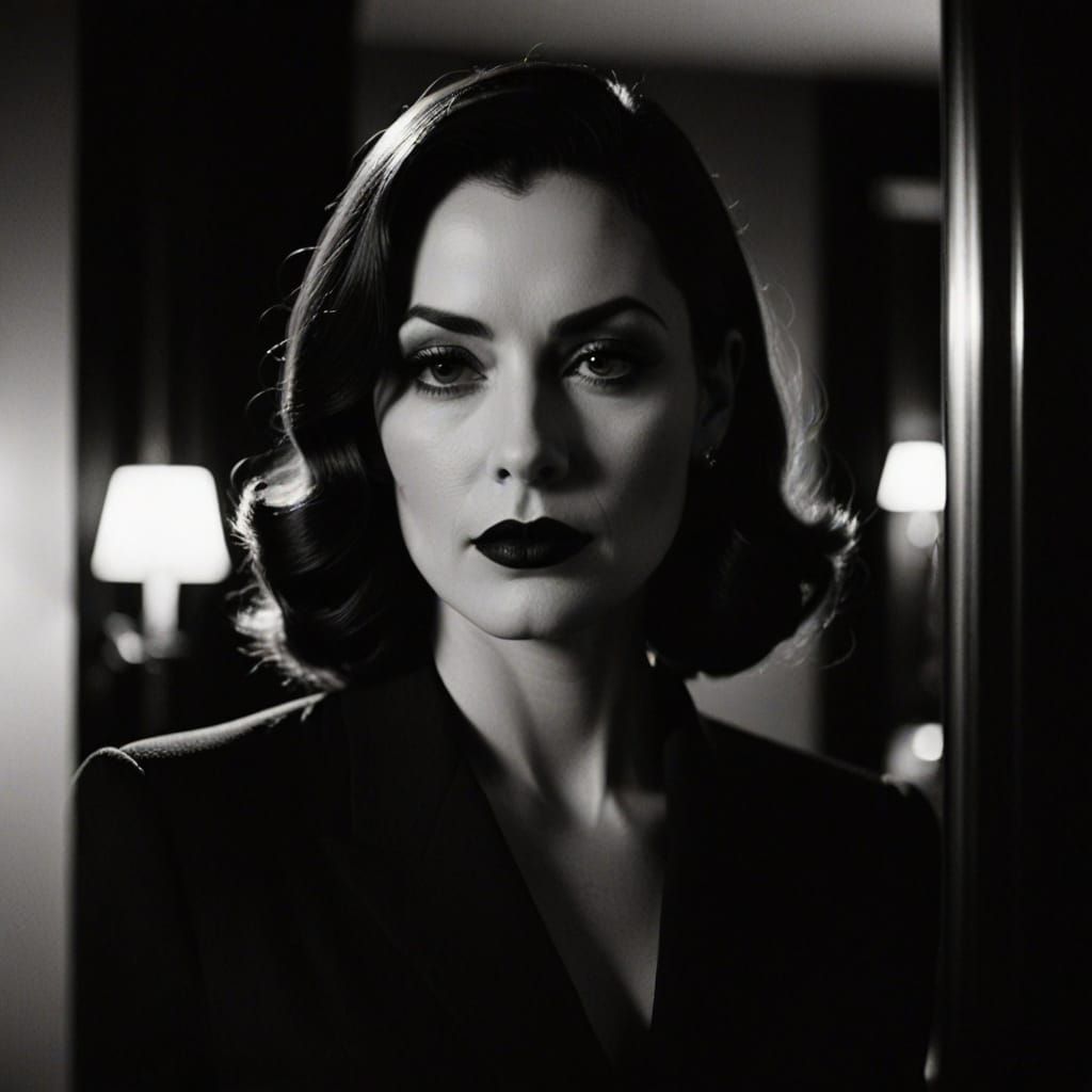 Film Noir Portrait: Woman in Mirror with Red Accents