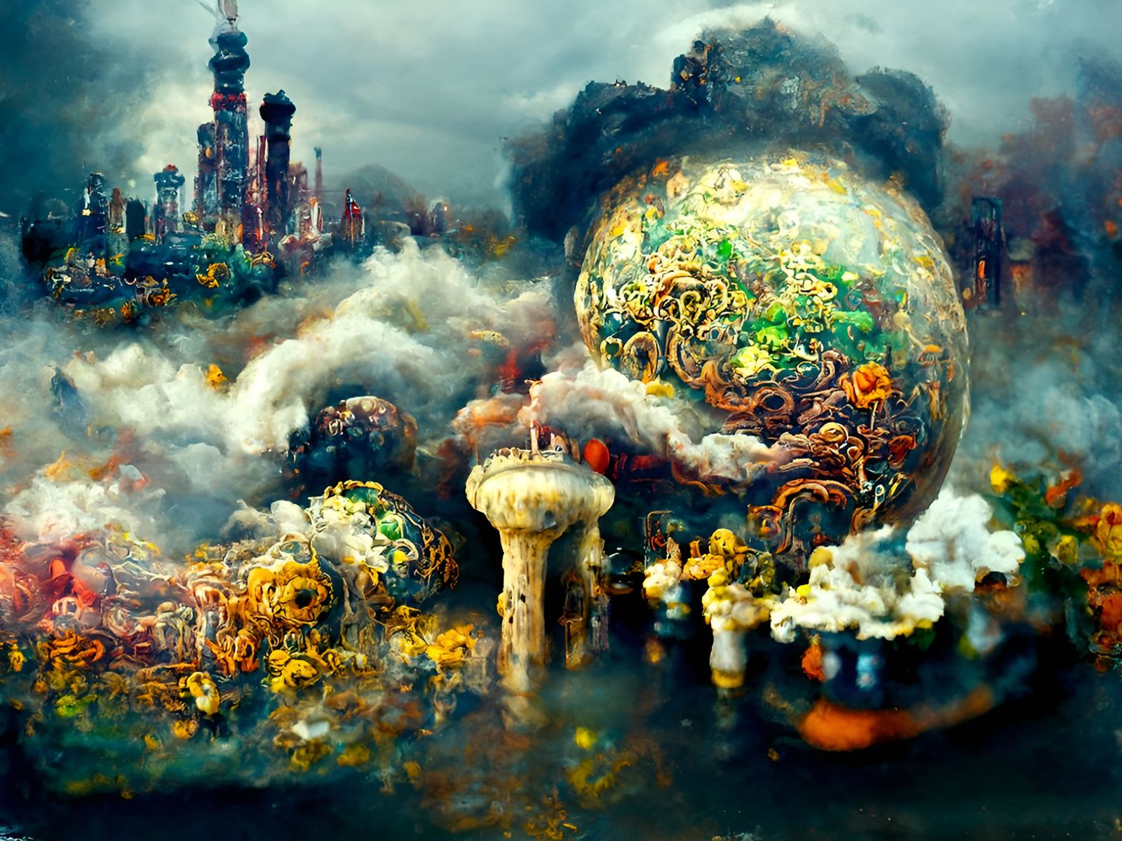 Dystopian Landscape with Fire Fungi: Maximalist Oil Painting