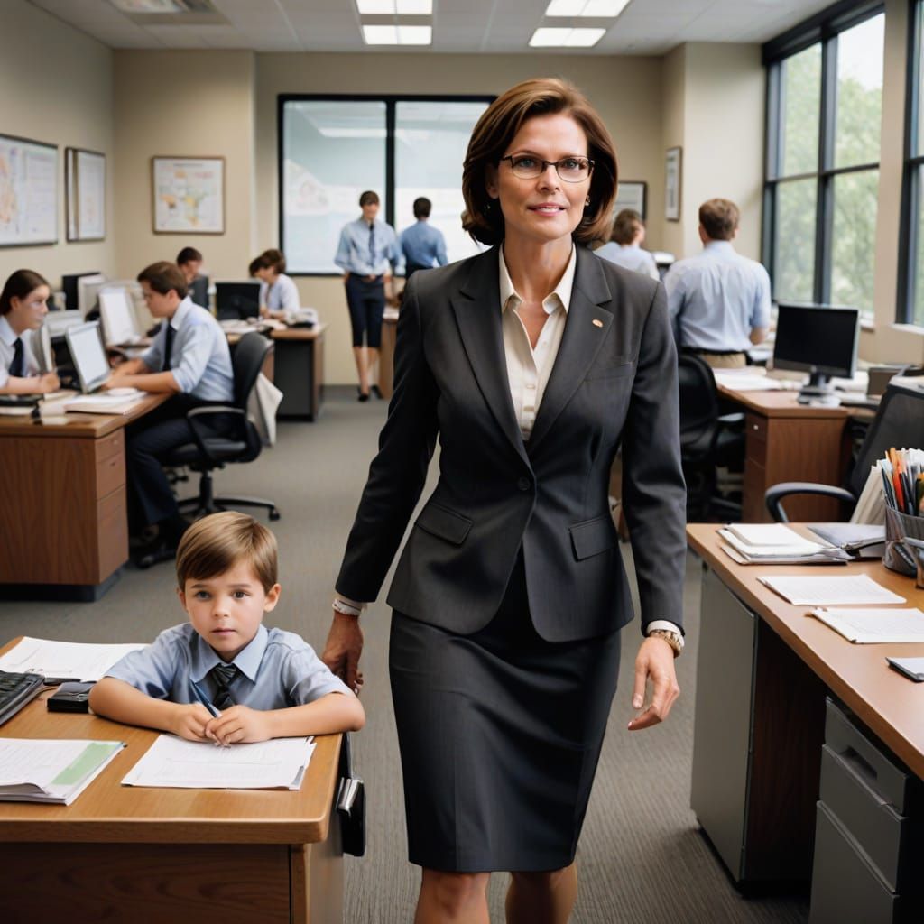 A busy secretary making her rounds in the office while her s...