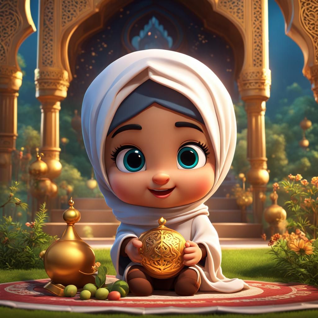 Cute Muslim Girl Cartoon Character in Ramadan 3D