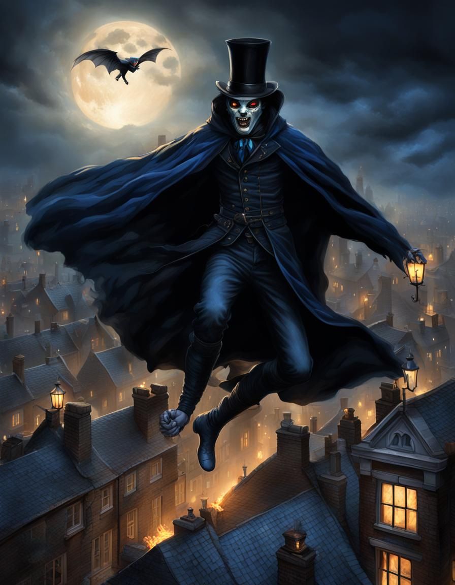 Spring-heeled Jack wearing a long black cloak, leaping across rooftops, with blue fire burning in his eyes and mouth. Vi...