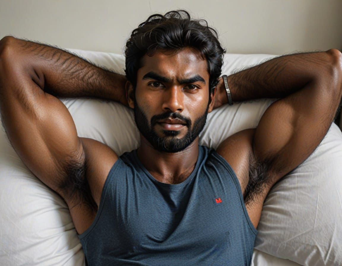 Handsome Dark-Skinned Alpha Male Exposing His Luxuriant Armp...