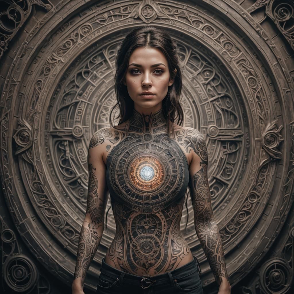 Woman with Portal Body Tattoo in HDR