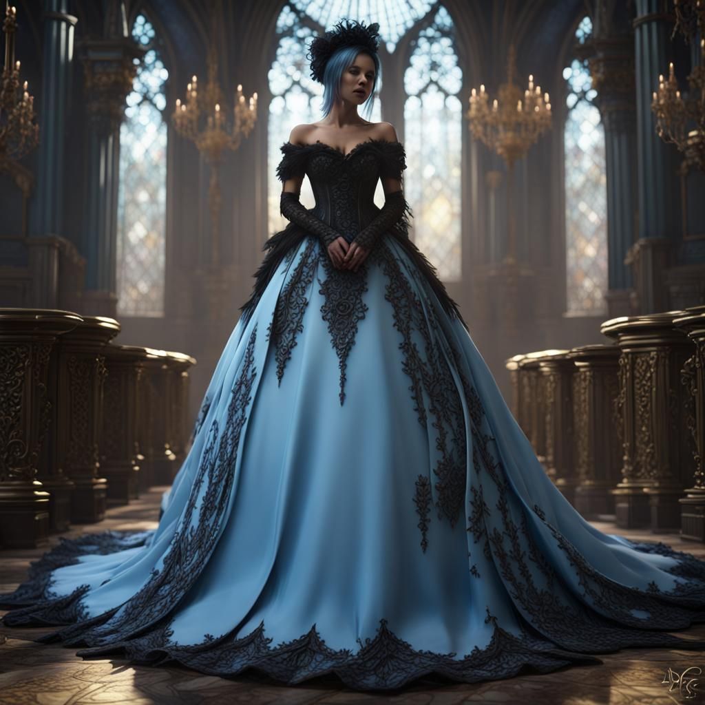 Baby Blue and Black Gothic Wedding Dress