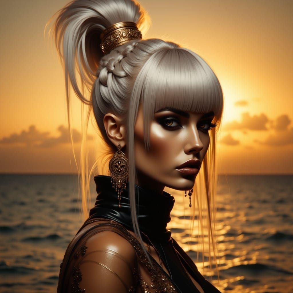 Fierce Woman in Gold Amidst Ocean Sunset