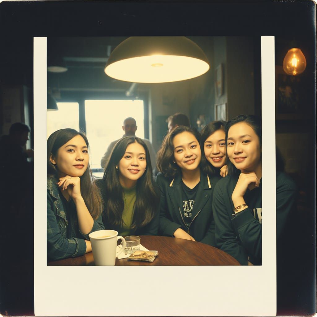 Friends in a Cozy Cafe, Polaroid Style