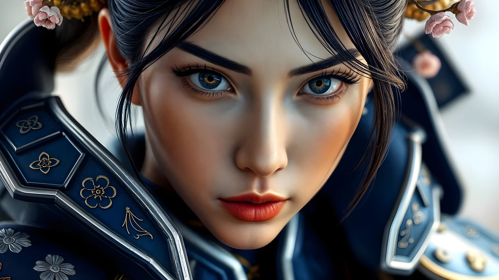 Heroic Samurai Warrior in Blue and White Armor