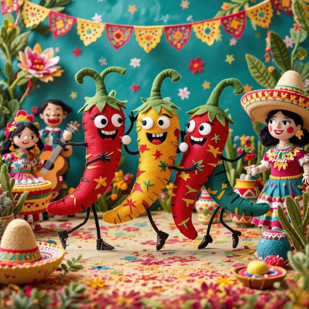 Happy Felt Chili Peppers Dance at Mexican Fiesta