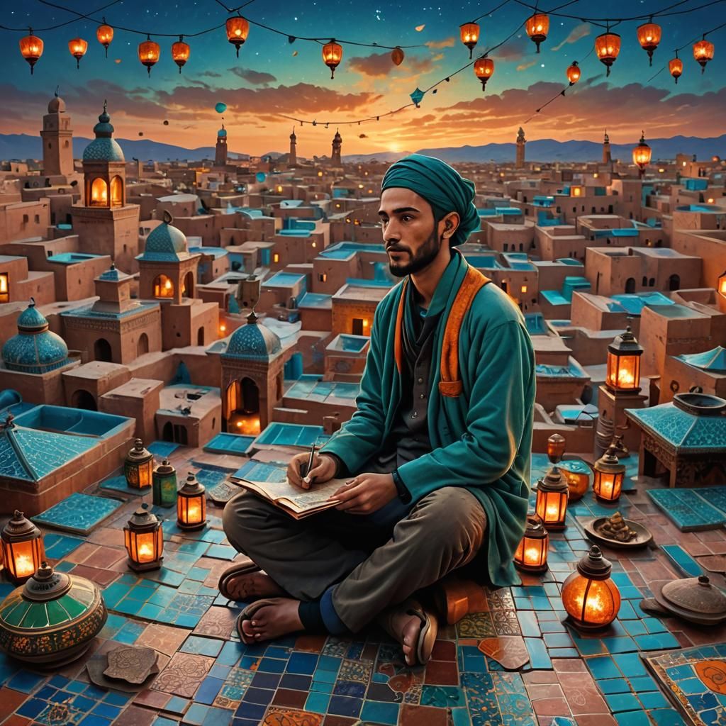 Moroccan Rooftop Scene with Mathematician in Unreal Engine