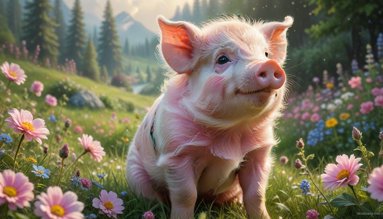 Pink Piglet in Flower Meadow, Ethereal Fantasy Art