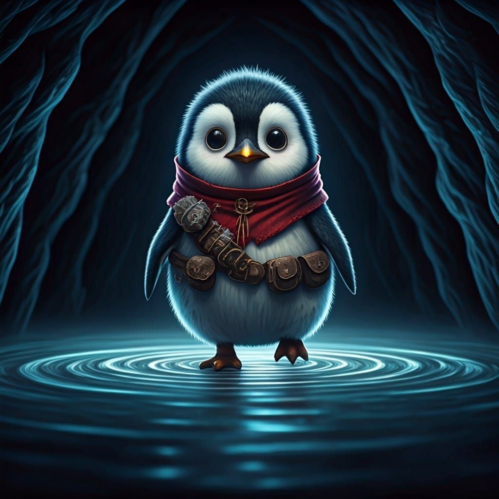 Whimsical Wizard Penguin on Mystical Caverns