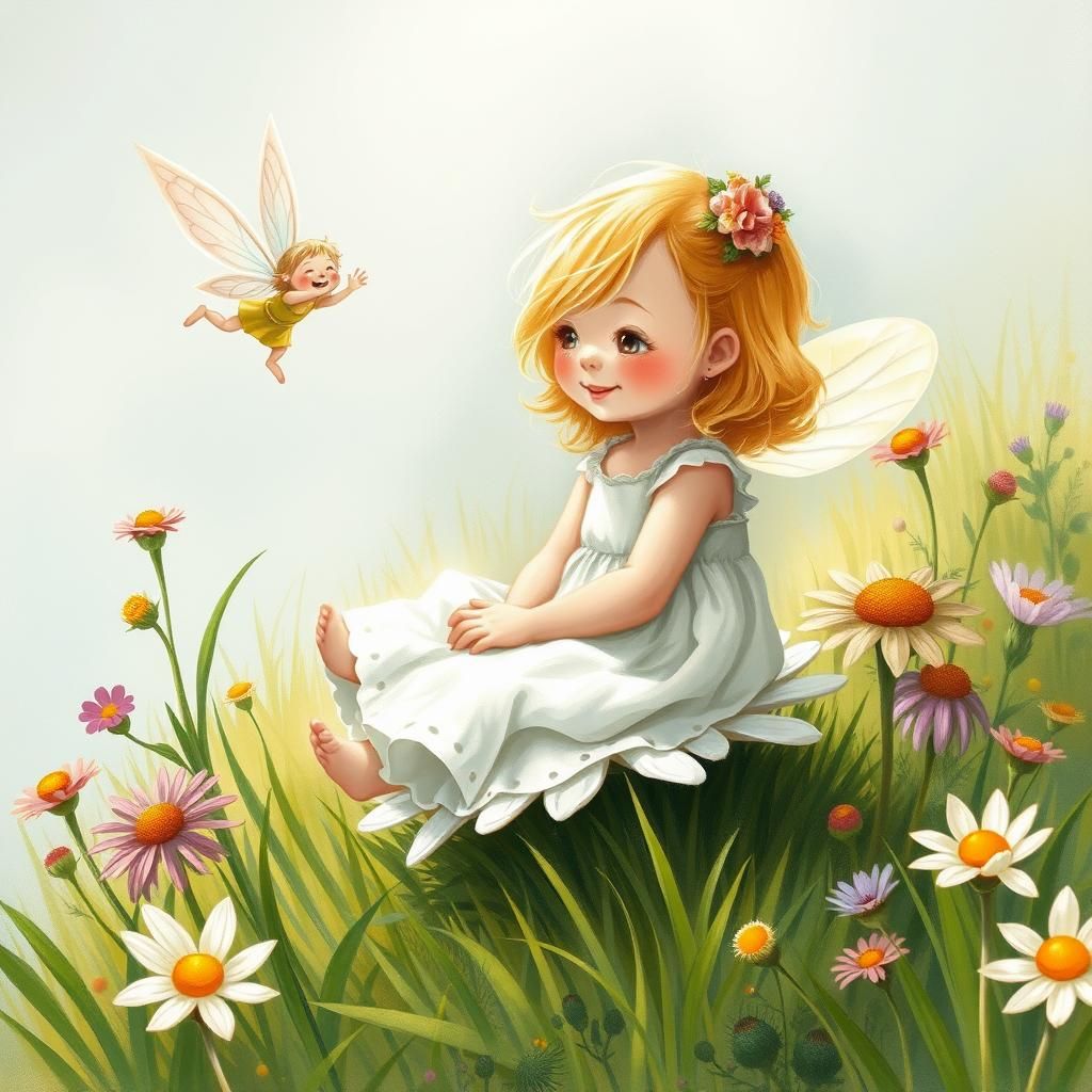 “A cute little blonde girl sat on a daisy. The fairy is laug...