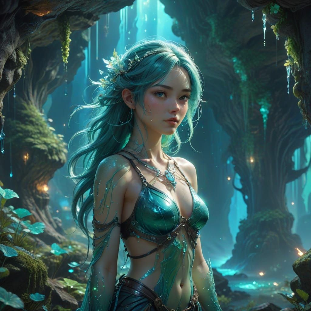 Slime Girl in an Ethereal Cave of Bioluminescent Wonders