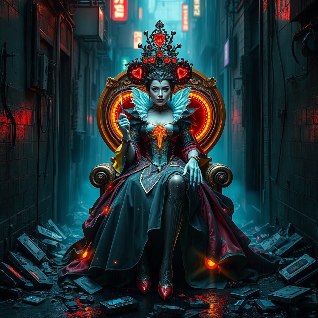Cyberpunk Queen of Hearts Empress on Data Chip Throne