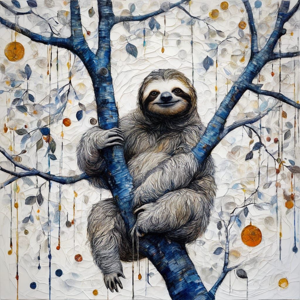 Sloth in Tree, Encaustic Painting with Amber and Indigo