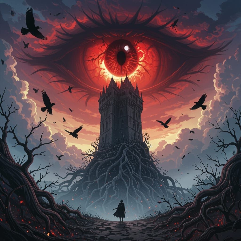 Grim Anime Scene: Giant Eye in Bloody Sky Over Medieval Towe...