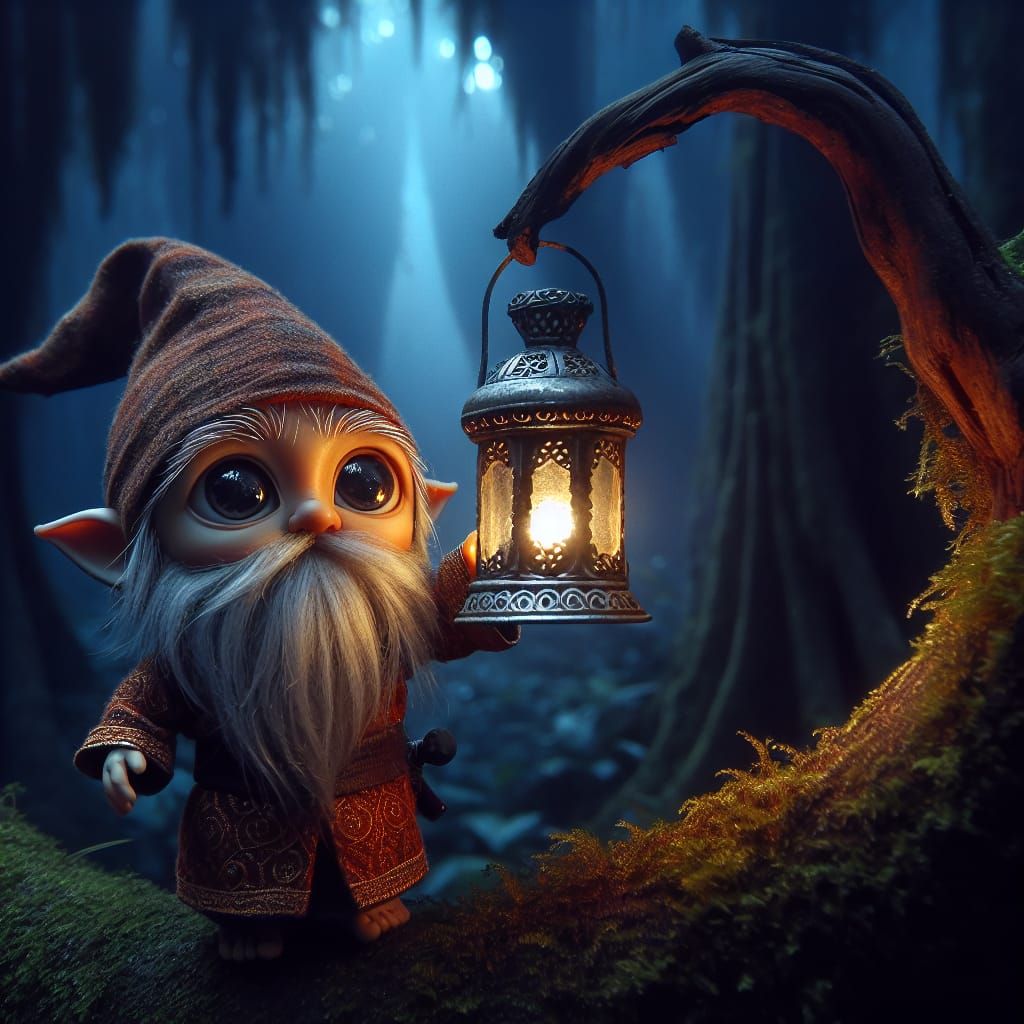 A gnome wandering in the dark mystical forest