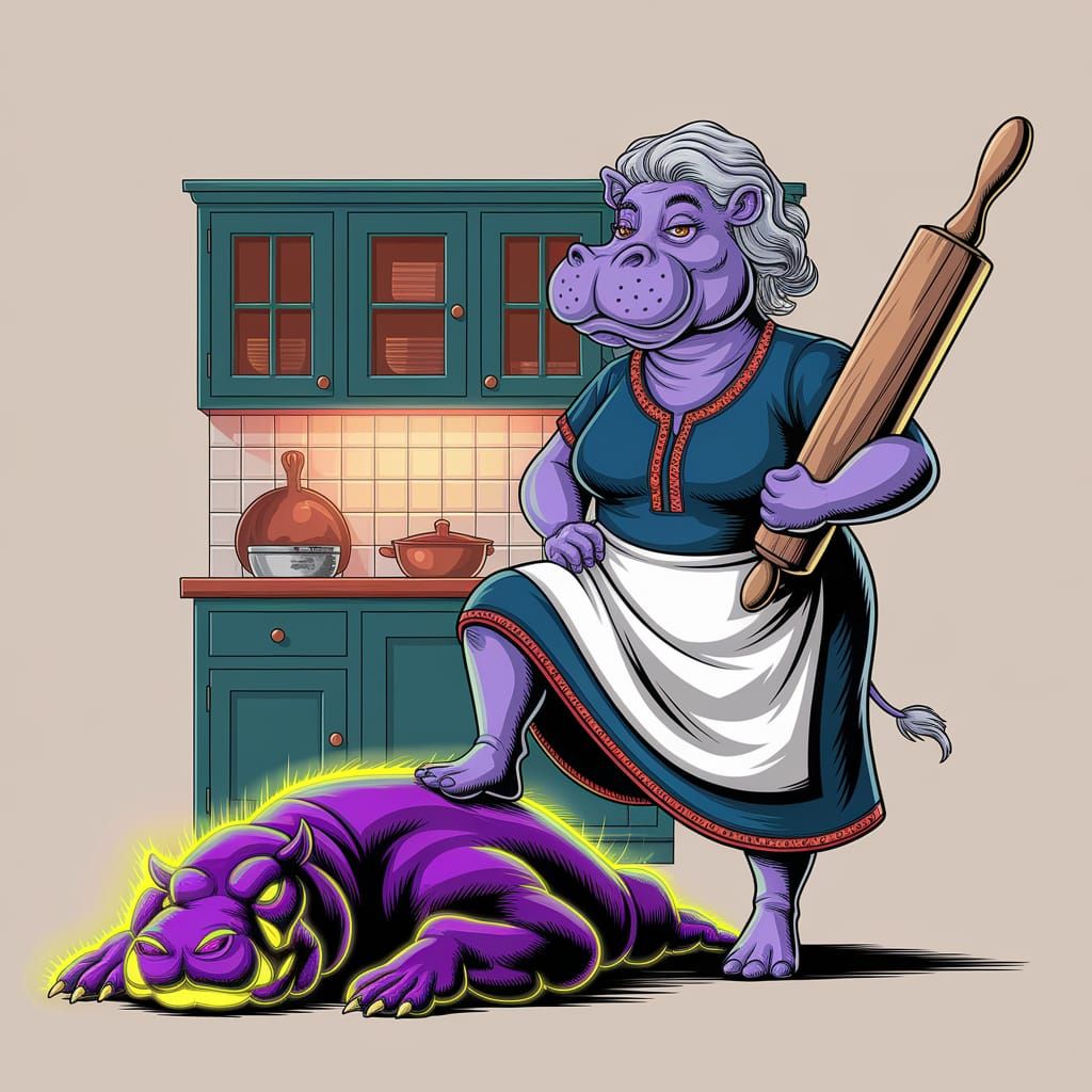 Victorious Hippo Overcomes Glowing Monster in Digital Art