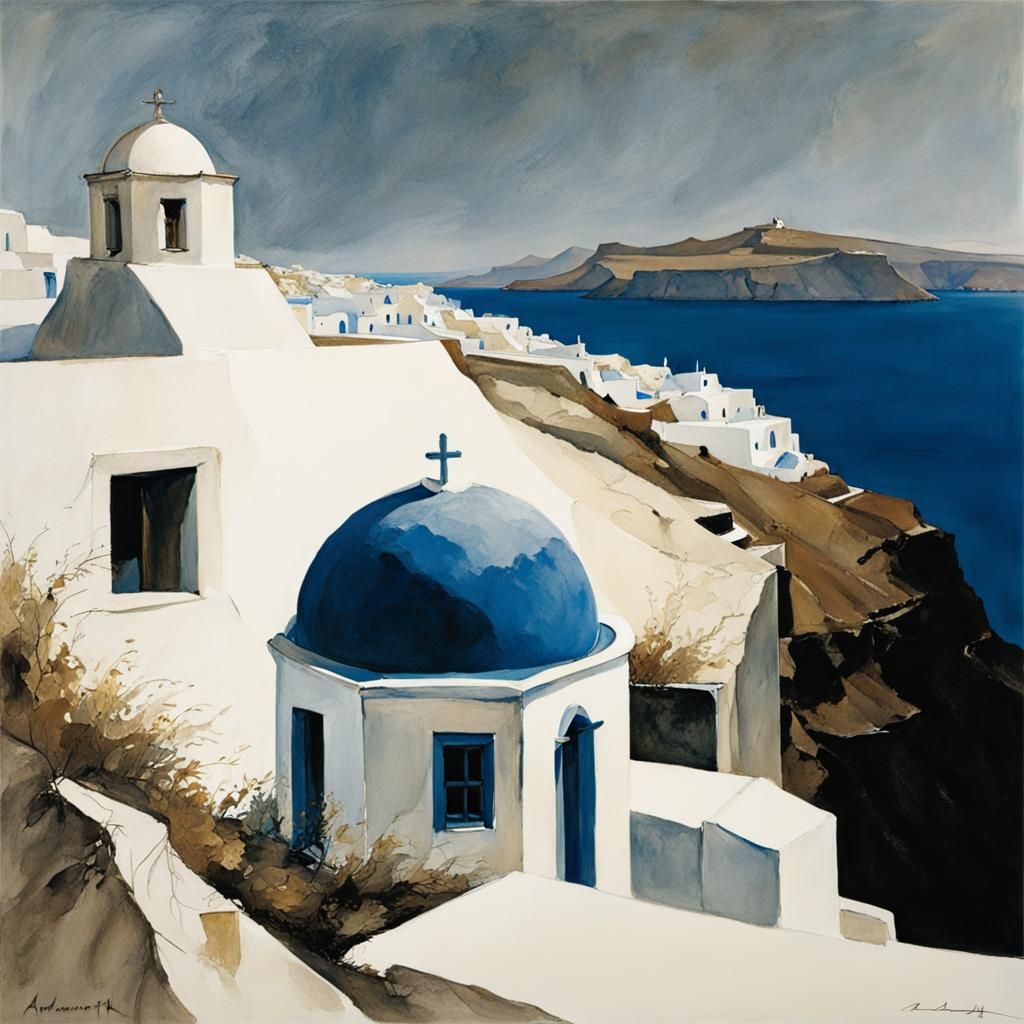 Santorini Painting in Wyeth Style