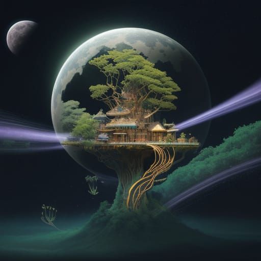 Solarpunk Treehouse Spaceship Drifting in Space