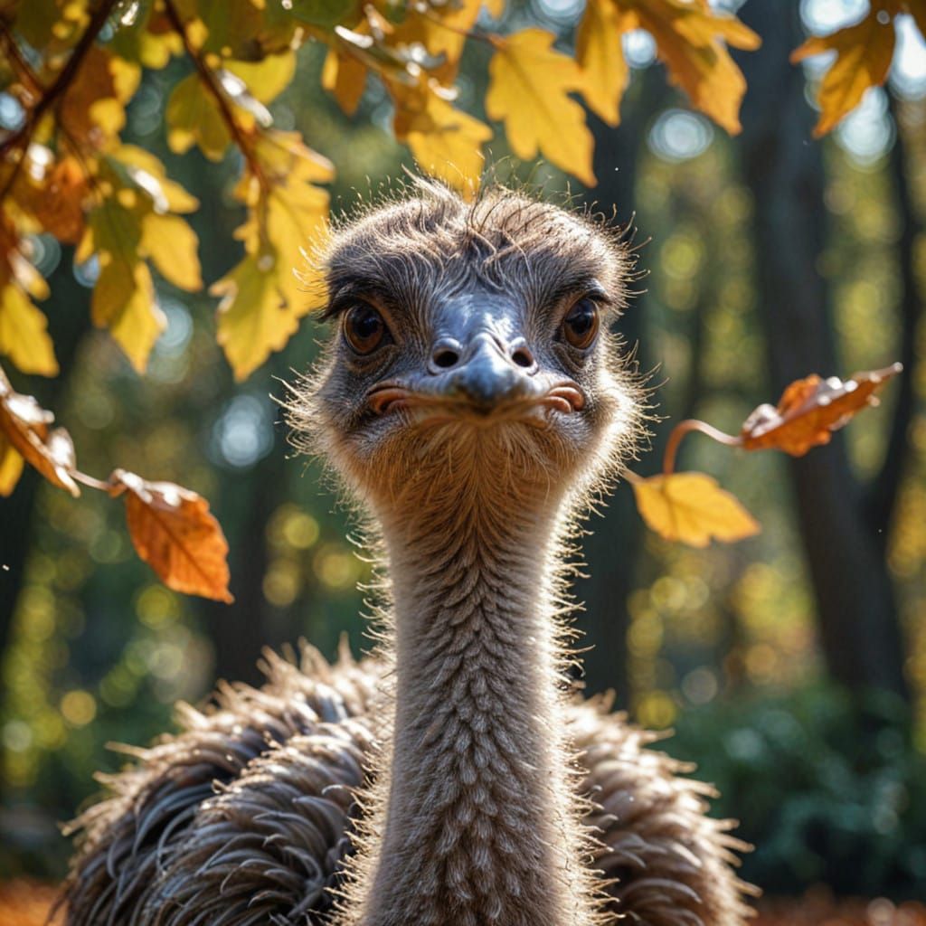 Majestic Ostrich Amidst Whirling Leaves in Vibrant Bokeh Pho...