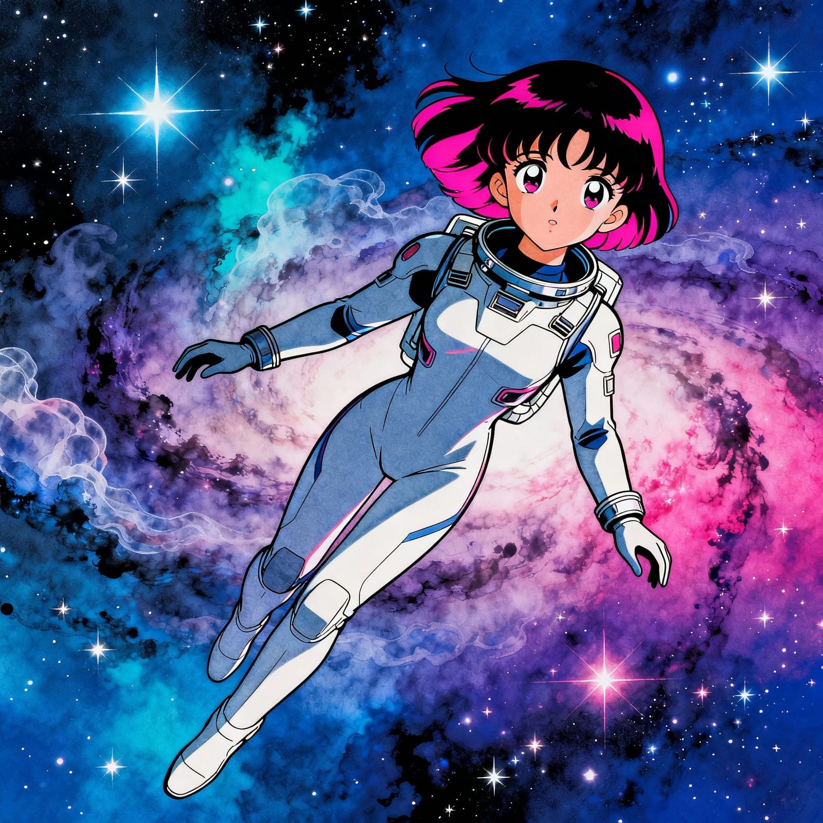 Retro Anime Girl Floating in Vibrant Nebula