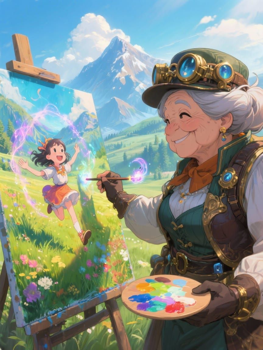 Steampunk Artist Paints Magical Meadow Scene with Granddaugh...