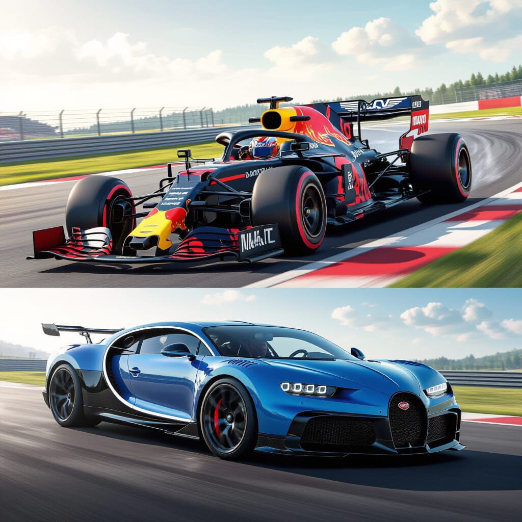 Red Bull F1 Races Bugatti Chiron: Hyperrealistic Splash Art