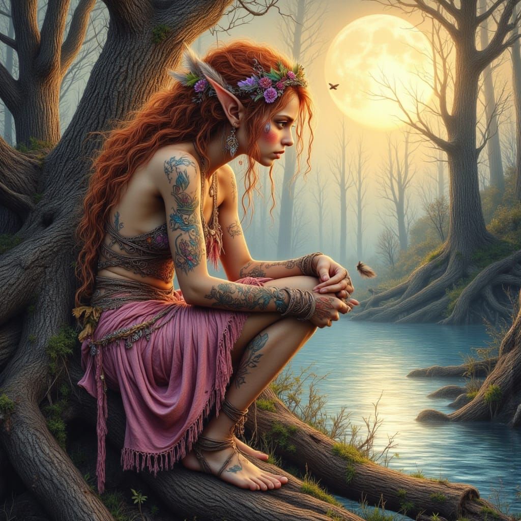 Ethereal Elf in Enchanted Forest, Mixed Media Illustration